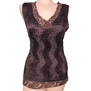 Vintage Y2K Crinkle Top Women Medium Textured Stretch Cami Tank Lace Trim Grunge